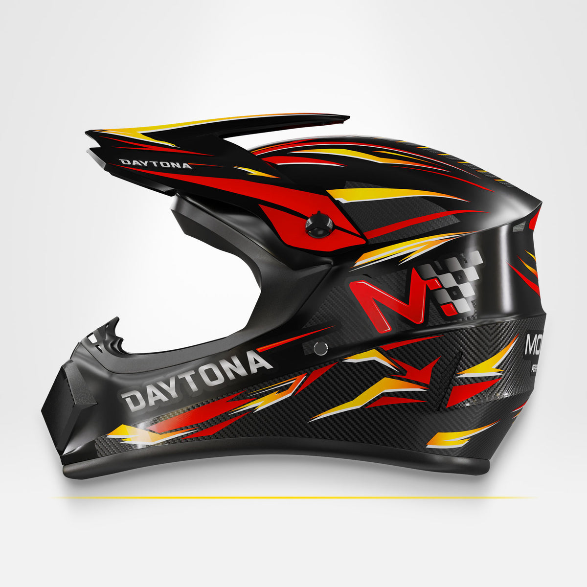 Kask full face MOTUS Daytona Performance z lewego boku: daszek, otwarte okno bez szybki i osłona szczęki.