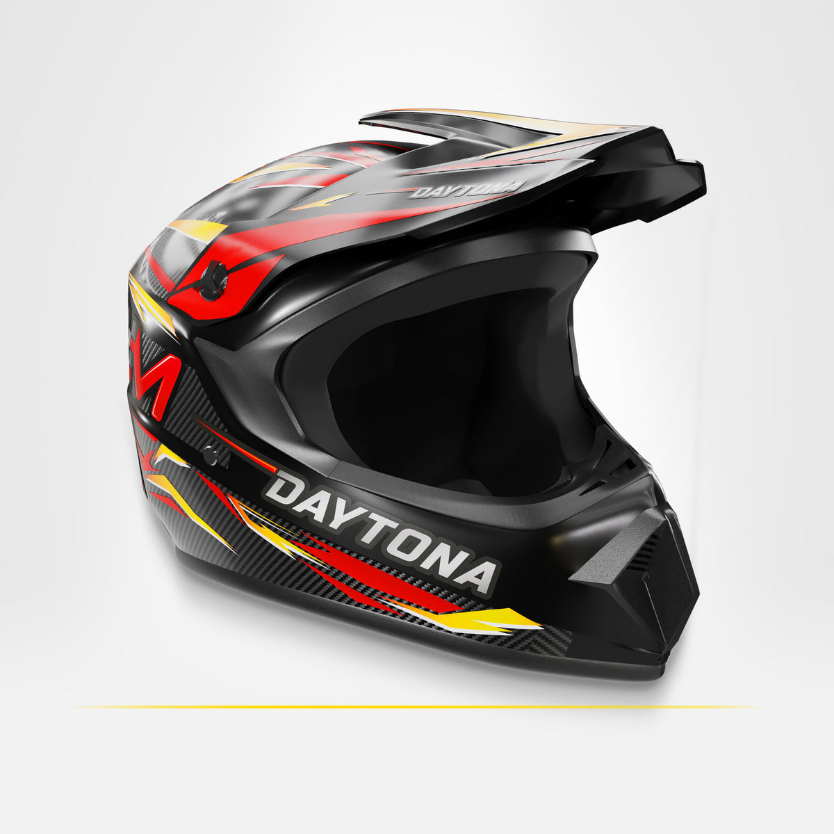 Kask full face MOTUS Daytona Performance w widoku 3/4 z prawej: daszek, osłona szczęki i czerwono-żółta grafika na czarnej skorupie.