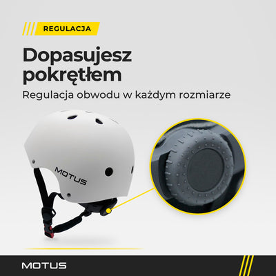 Biały kask MOTUS w widoku 3/4 od tyłu i zbliżenie pokrętła regulacji obwodu pod skorupą.