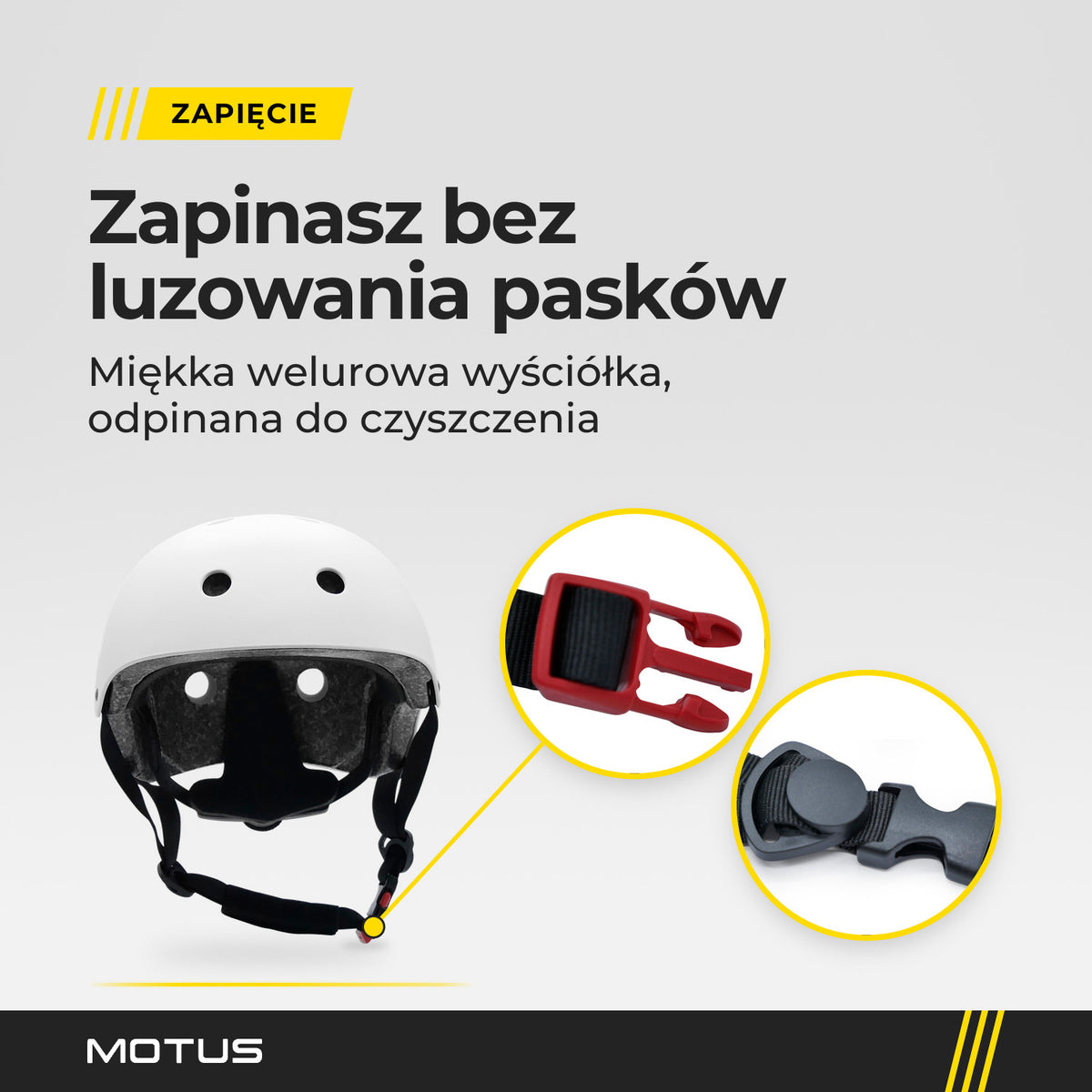 Biały kask MOTUS od przodu i zbliżenia sprzączki pod brodą: czerwona klamra i regulator czarnych pasków.