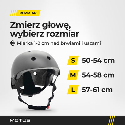 Kask regulowany MOTUS czarny od przodu i tabela rozmiarów według obwodu głowy: S 50-54 cm, M 54-58 cm, L 57-61 cm.
