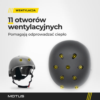 Kask regulowany MOTUS czarny z góry i od przodu z zaznaczonymi otworami wentylacyjnymi; kask ma ich 11.