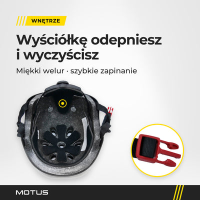 Wnętrze czarnego kasku MOTUS: pianka EPS, czarna welurowa wyściółka i paski, obok zbliżenie czerwonej sprzączki.