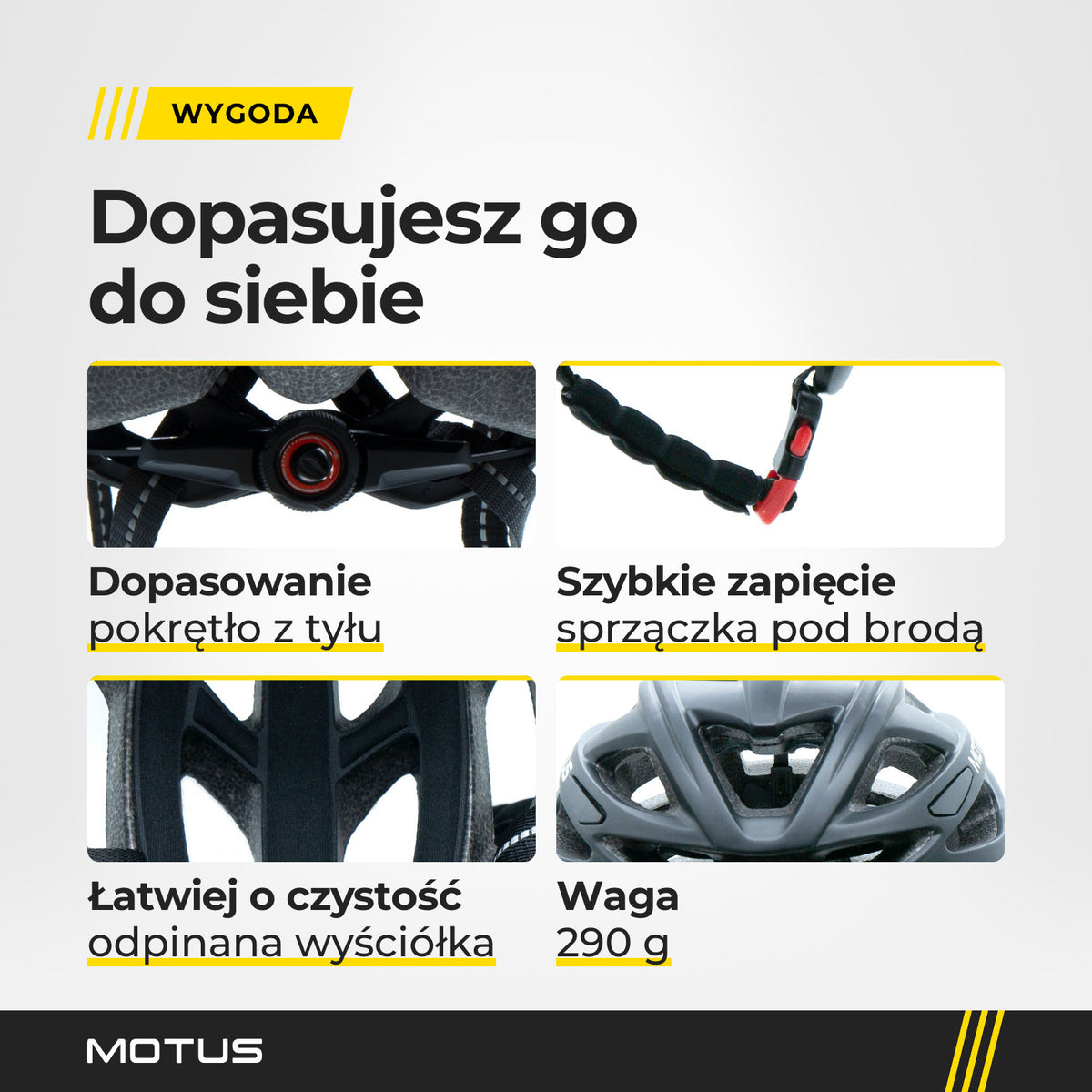 Kask MOTUS HT-15 w 4 kadrach: pokrętło regulacji z tyłu, paski ze sprzączką szybkiego zapięcia, odpinana wyściółka i przód kasku. Waga 290 g.