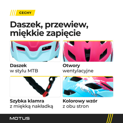 Kask dziecięcy MOTUS MTB z bliska: daszek, otwory wentylacyjne w skorupie, klamra z miękką nakładką pod brodą i wzór z prawego boku.