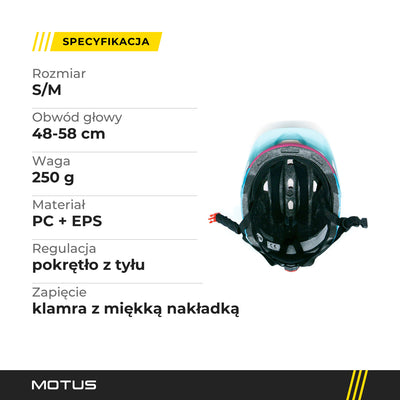 Specyfikacja kasku dziecięcego MOTUS MTB: rozmiar S/M na obwód głowy 48-58 cm, waga 250 g, skorupa PC i pianka EPS, pokrętło regulacji.