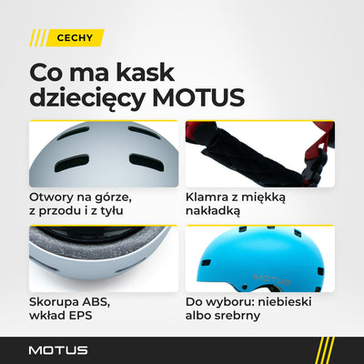 Cztery zbliżenia kasku dziecięcego MOTUS srebrnego: otwory z góry, klamra z miękką nakładką, skorupa z pianką EPS i drugi kolor, niebieski.