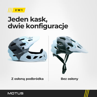 Kask MOTUS MTB szary w dwóch konfiguracjach: z założoną osłoną podbródka i bez osłony, oba ujęcia z boku.