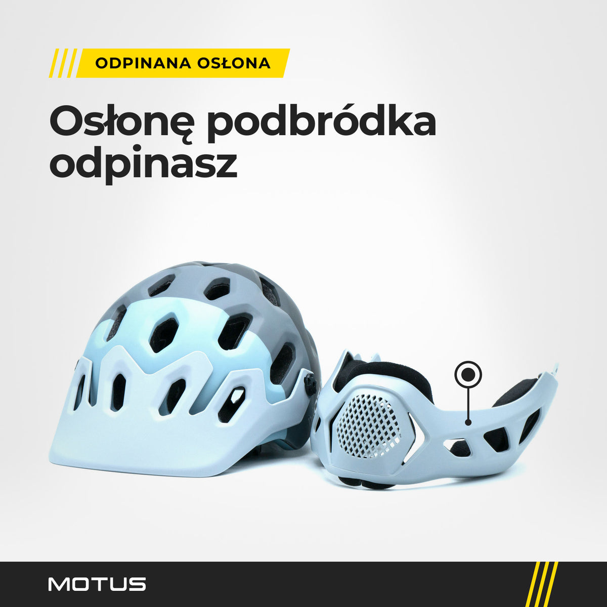 Kask MOTUS MTB szary bez osłony, obok odpięta osłona podbródka z siatką z przodu.