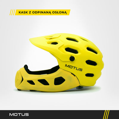 Kask MOTUS MTB żółty z założoną osłoną podbródka i daszkiem, widok z boku, logo MOTUS na skorupie.