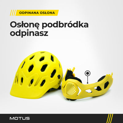 Kask MOTUS MTB żółty bez osłony, obok odpięta osłona podbródka z siatką z przodu.