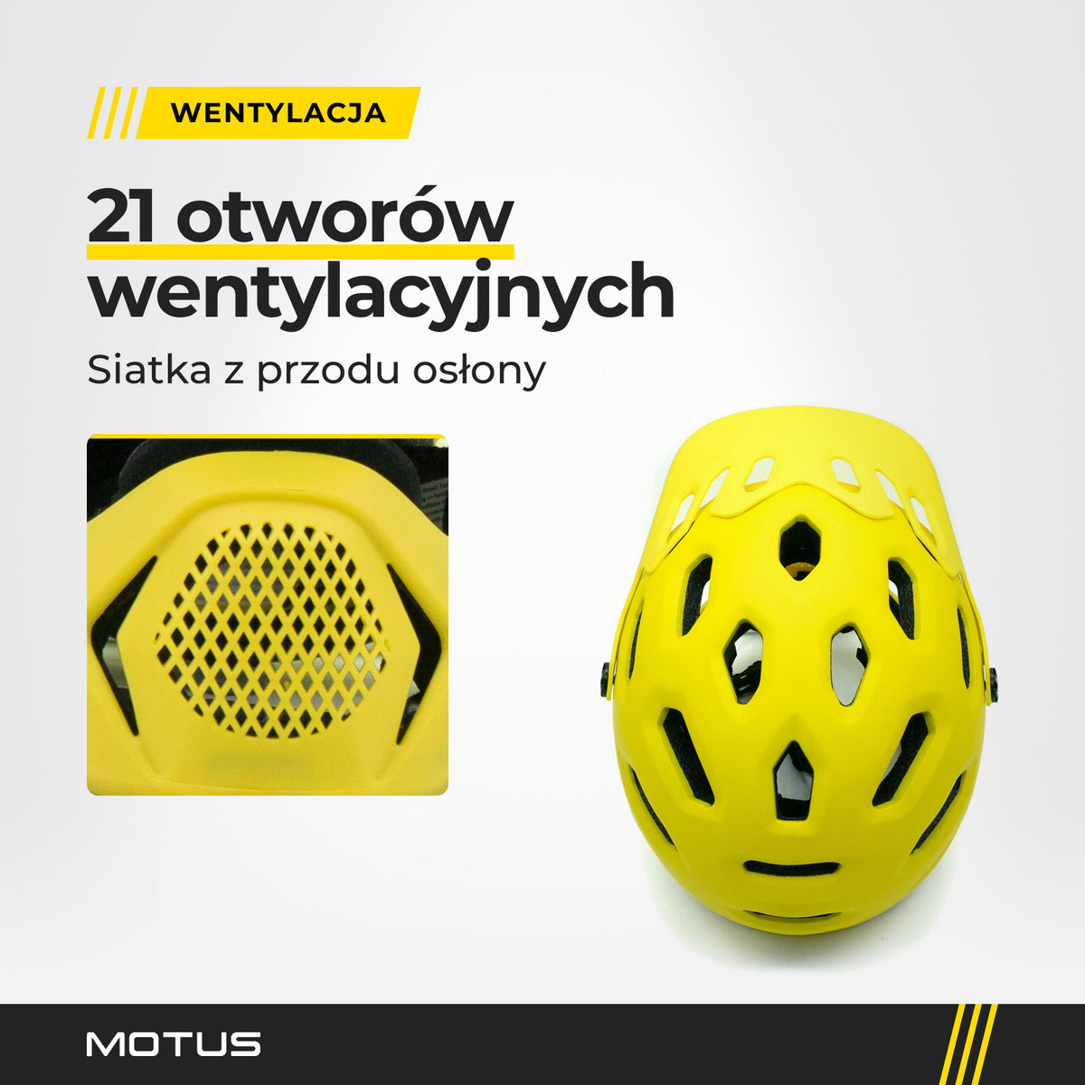 Kask MOTUS MTB żółty z góry, napis: 21 otworów wentylacyjnych. Obok zbliżenie siatki z przodu osłony podbródka.