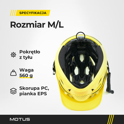 Wnętrze kasku MOTUS MTB żółtego: wkładki, pokrętło regulacji z tyłu, paski i klamra. Rozmiar M/L, waga 560 g, skorupa PC, pianka EPS.