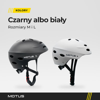 Kask MOTUS HT-40 w dwóch kolorach, czarnym i białym, widok 3/4 z boku. Rozmiary M i L.