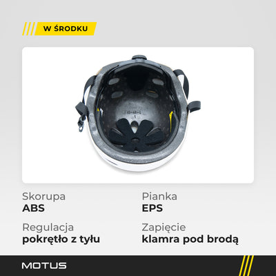 Wnętrze białego kasku MOTUS HT-40: pianka EPS, wkładki wyściółki i pokrętło regulacji. Skorupa ABS, zapięcie klamrą pod brodą.