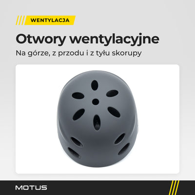 Czarny kask MOTUS HT-40 z góry: otwory wentylacyjne na czaszy i z przodu skorupy.