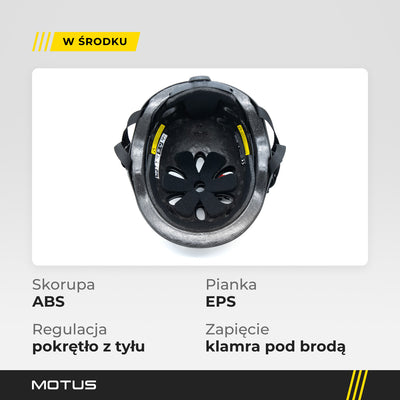 Wnętrze czarnego kasku MOTUS HT-40: pianka EPS, wkładki wyściółki i pokrętło regulacji. Skorupa ABS, zapięcie klamrą pod brodą.