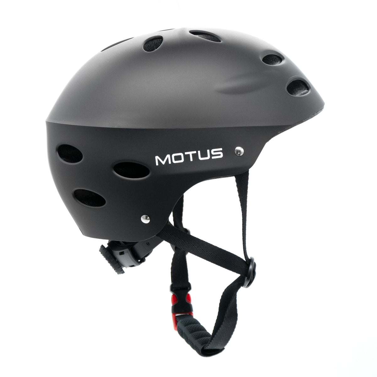 Kask MOTUS HT-40 w kolorze czarnym - widok 3/4 z boku, białe logo MOTUS, białe tło.