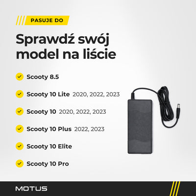 Ładowarka Motus Scooty pasuje do Scooty 10 Lite, Scooty 10 i Scooty 10 Plus z wybranych roczników, Scooty 8.5, Scooty 10 Elite i Pro.