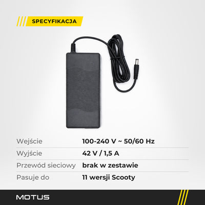 Specyfikacja ładowarki Motus Scooty: wejście 100-240 V ~ 50/60 Hz, wyjście 42 V / 1,5 A, przewód sieciowy nie jest w zestawie.
