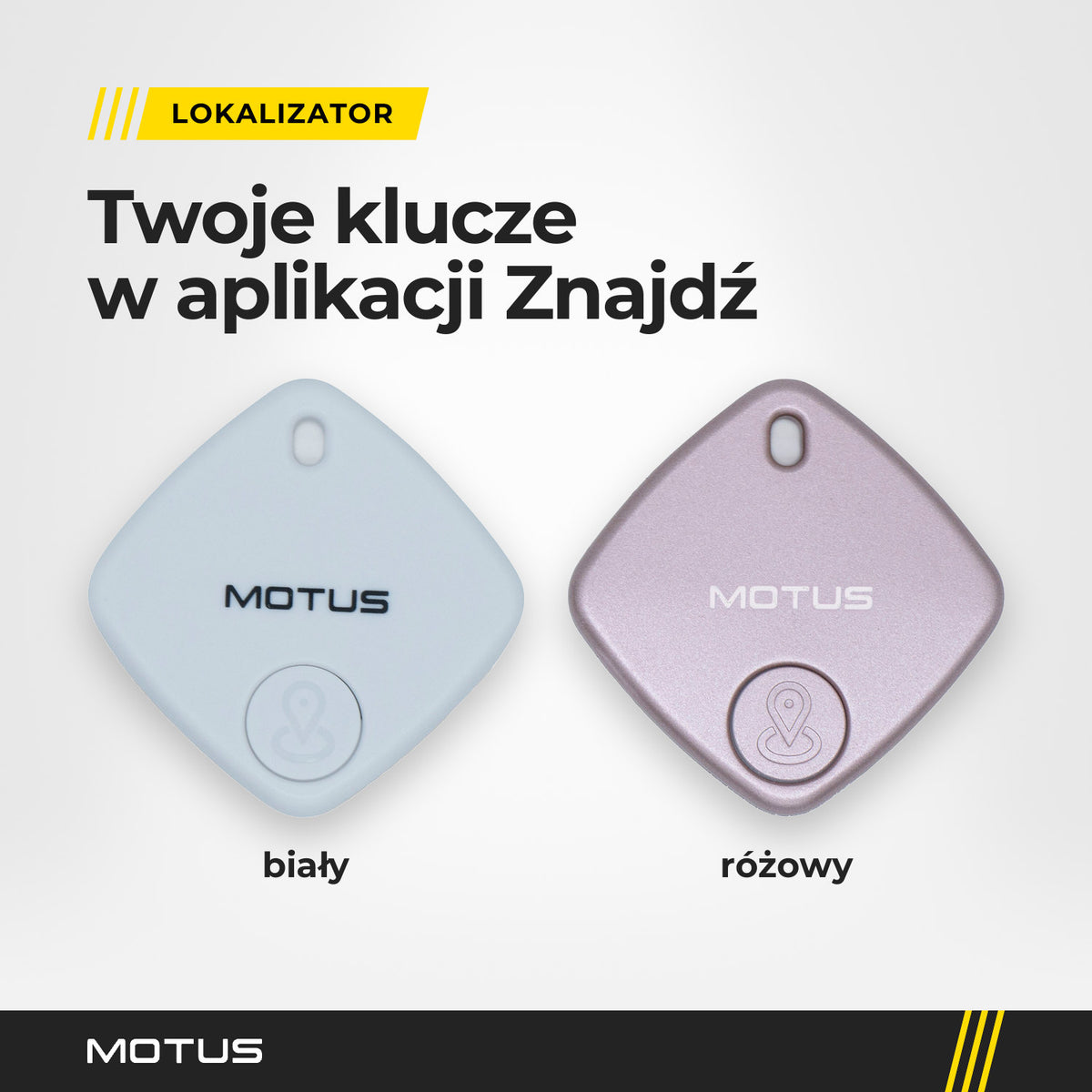 Dwa lokalizatory MOTUS Find Me obok siebie w widoku z góry, biały po lewej i różowy po prawej: napis MOTUS, ikona pinezki i otwór na smycz.