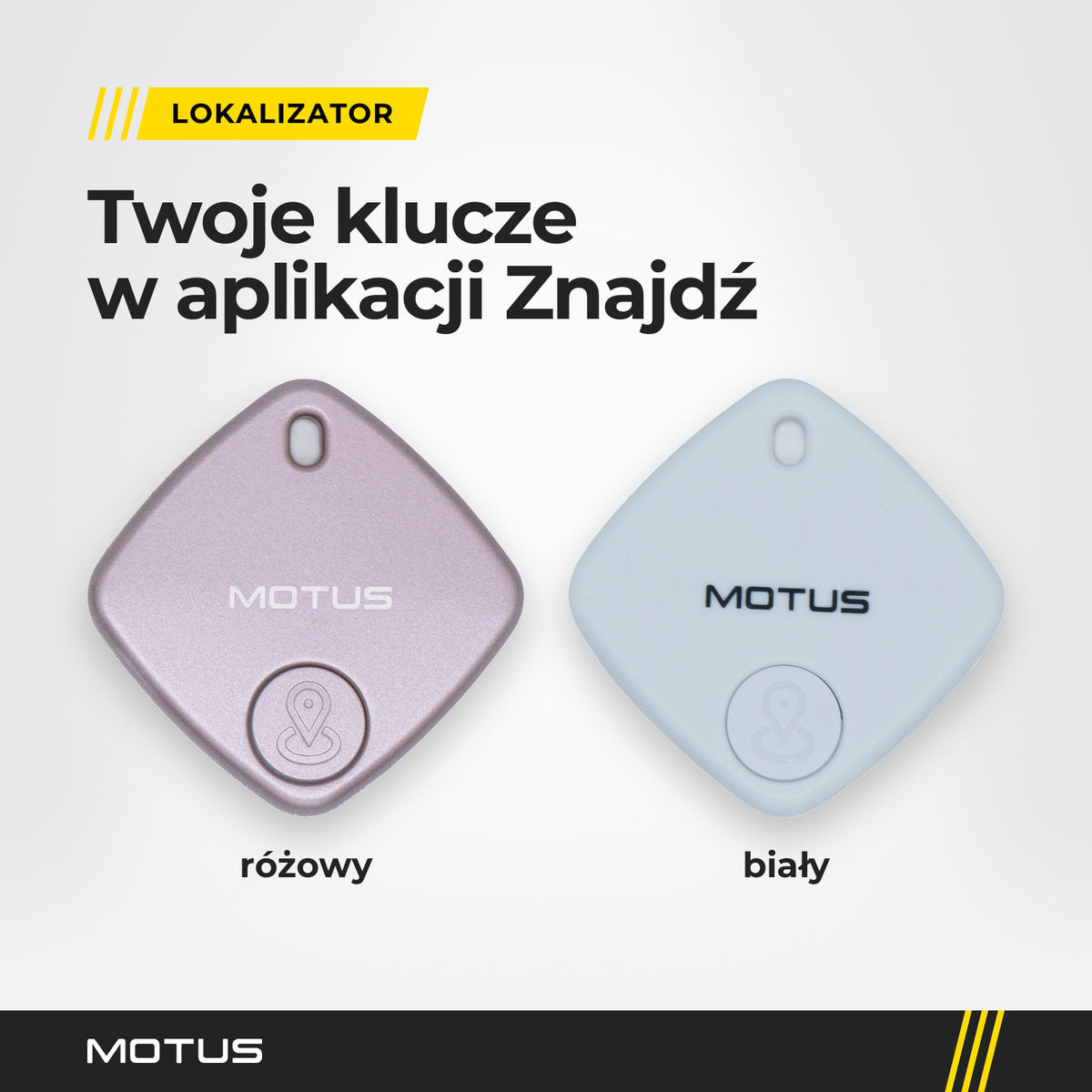 Dwa lokalizatory MOTUS Find Me obok siebie w widoku z góry, różowy po lewej i biały po prawej: napis MOTUS, ikona pinezki i otwór na smycz.