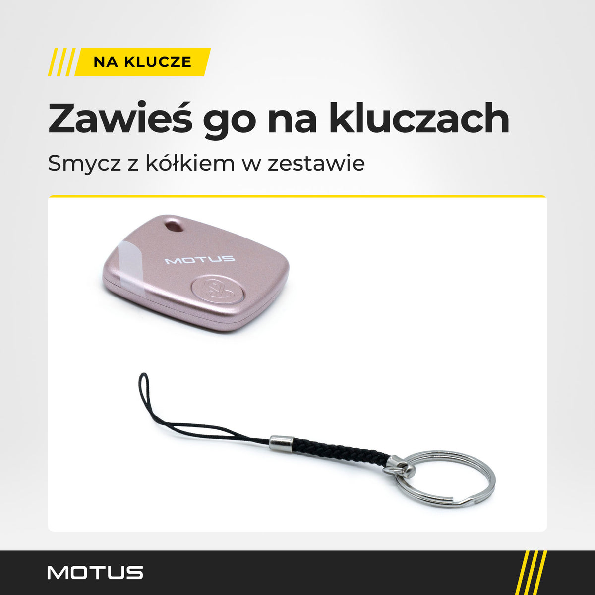 Lokalizator MOTUS Find Me obok czarnej smyczy z kółkiem na klucze, która jest w zestawie.