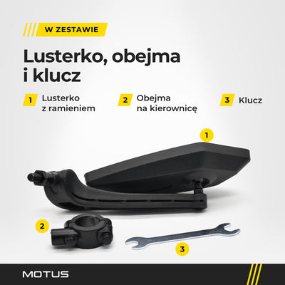 Zestaw lusterka Motus: lusterko z ramieniem, obejma na kierownicę i klucz.