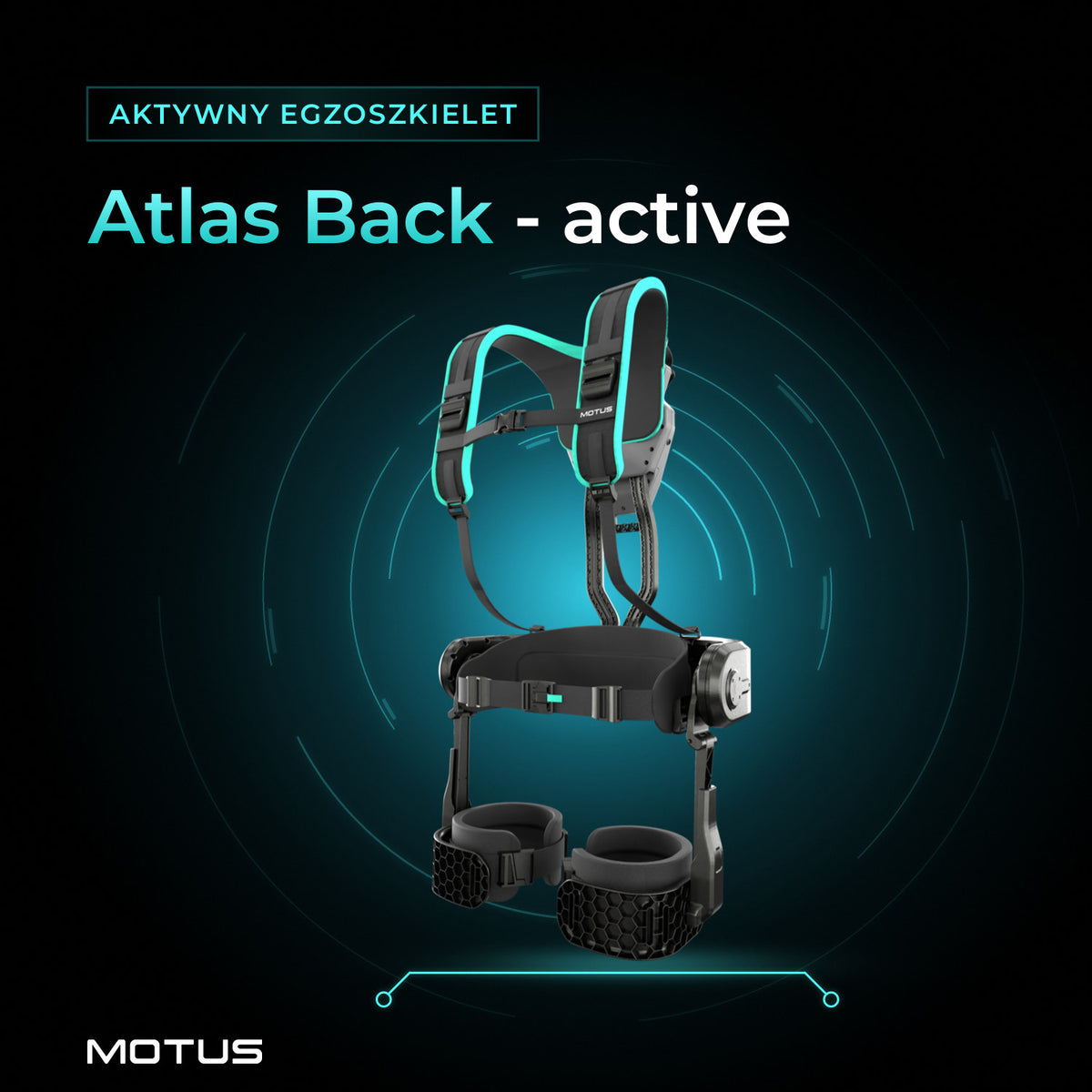 Aktywny egzoszkielet Motus Atlas Back - active w widoku 3/4 od przodu, na czarnym tle z turkusową poświatą.