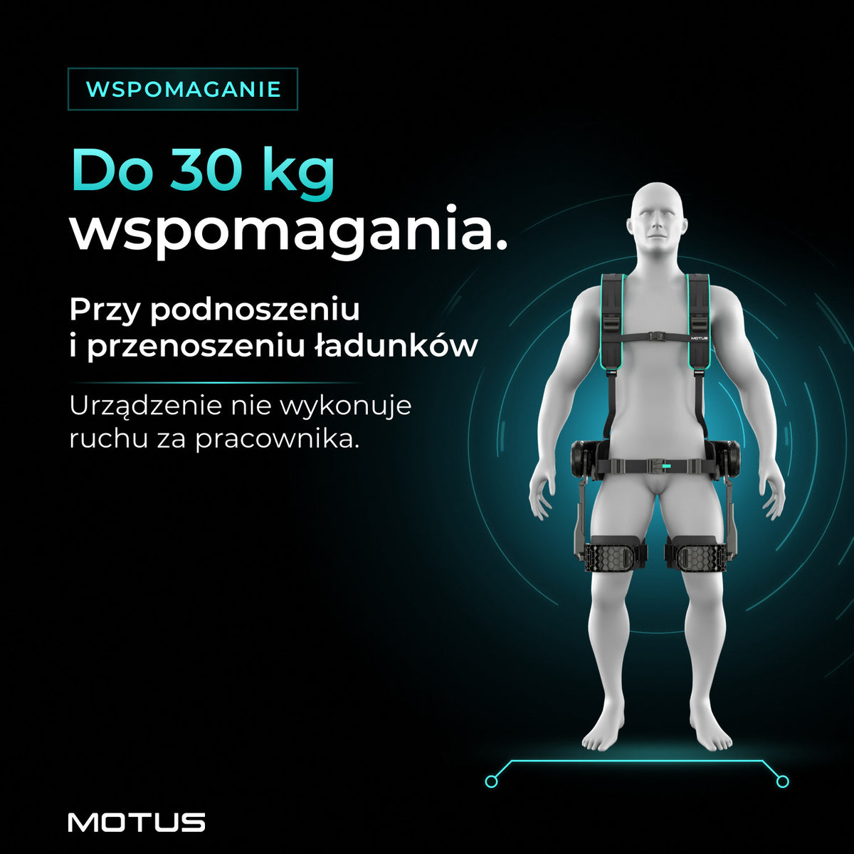 Motus Atlas Back - active na manekinie z przodu: do 30 kg wspomagania przy podnoszeniu i przenoszeniu ładunków. Nie wykonuje ruchu za pracownika.