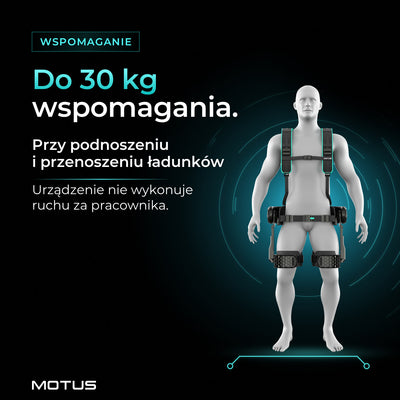 Motus Atlas Back - active na manekinie z przodu: do 30 kg wspomagania przy podnoszeniu i przenoszeniu ładunków. Nie wykonuje ruchu za pracownika.