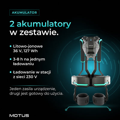 Motus Atlas Back - active od tyłu: 2 akumulatory litowo-jonowe 36 V, 127 Wh w zestawie, 3-8 h na jednym ładowaniu, stacja z sieci 230 V.