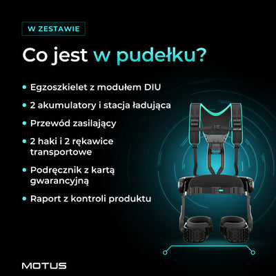W zestawie Motus Atlas Back - active: egzoszkielet z modułem DIU, 2 akumulatory, stacja ładująca, haki i rękawice transportowe, podręcznik, raport.