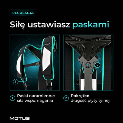 Regulacja egzoszkieletu Motus Atlas Back - passive: paski naramienne ustawiają siłę wspomagania, pokrętło długość płyty tylnej.