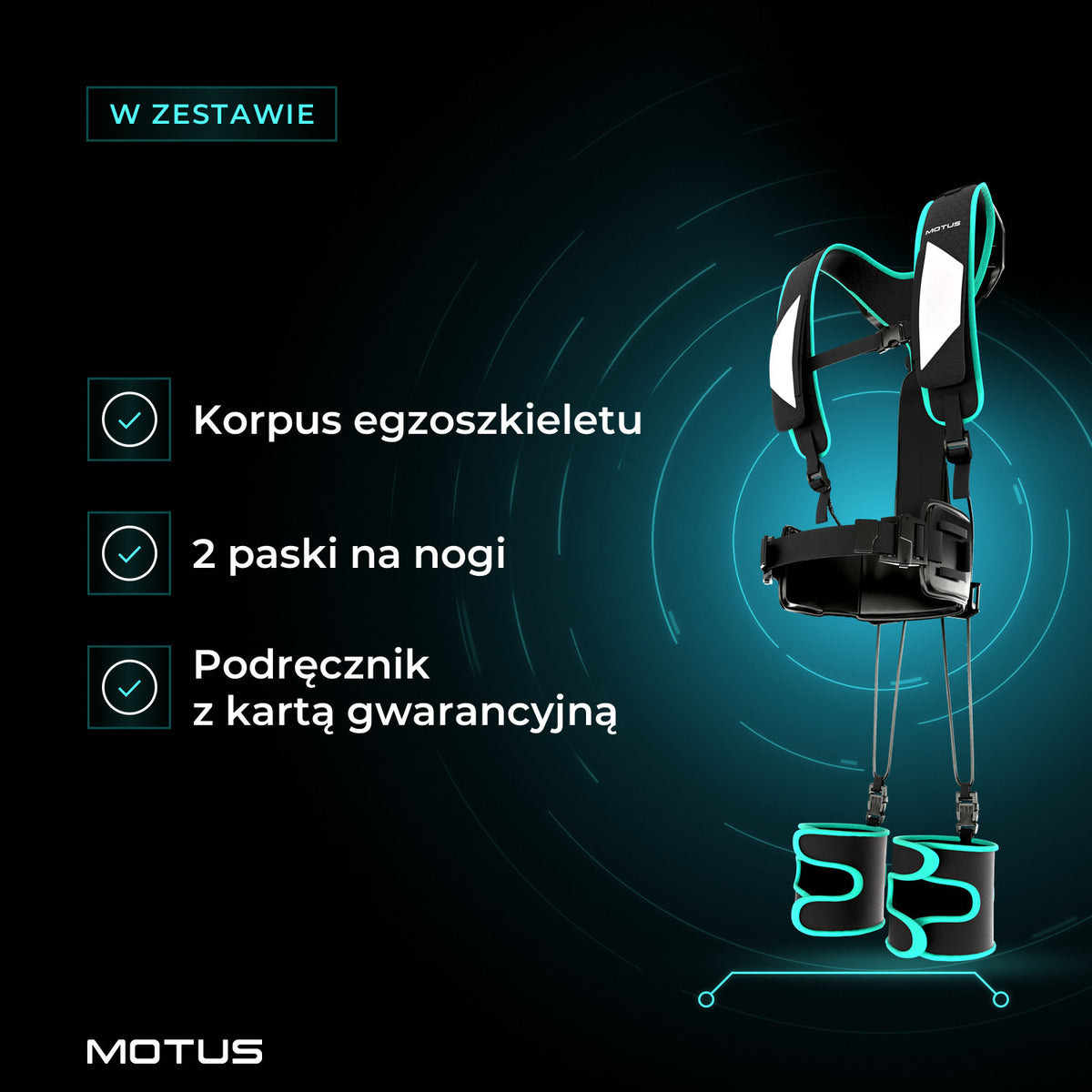 W zestawie Motus Atlas Back - passive: korpus egzoszkieletu, 2 paski na nogi i podręcznik z kartą gwarancyjną.