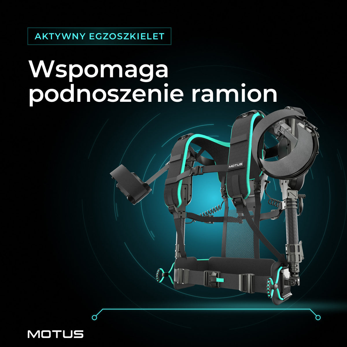 Aktywny egzoszkielet Motus Atlas UP - active w ujęciu z ukosa od przodu: pasy naramienne, fiksatory ramienne, pręt do regulacji wysokości i pas biodrowy.