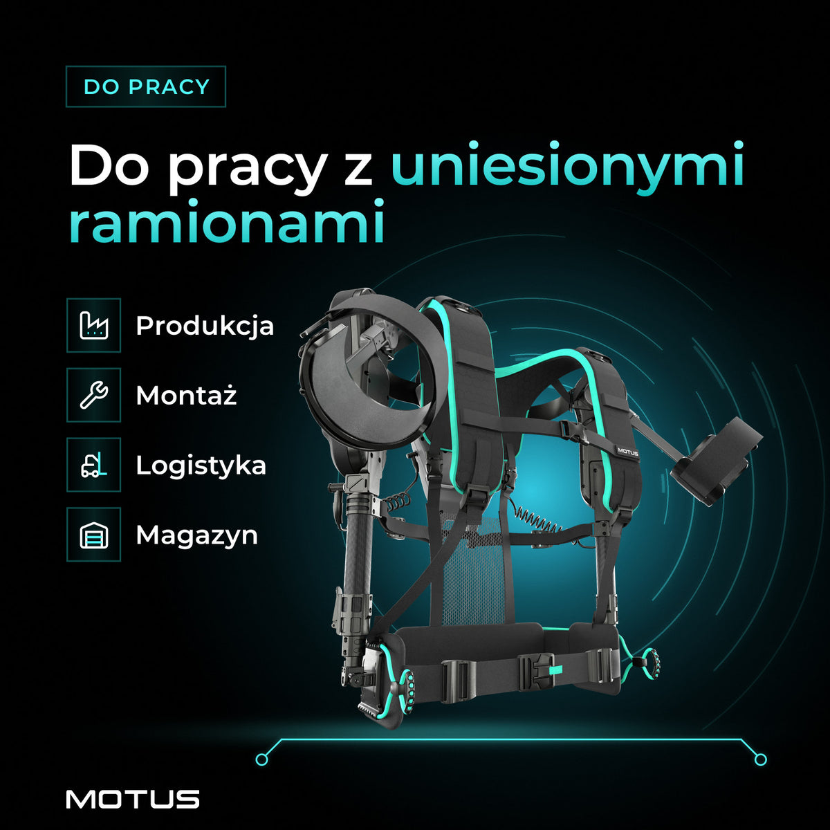 Egzoszkielet Motus Atlas UP - active i ikony zastosowań: produkcja, montaż, logistyka, magazyn. Do pracy z uniesionymi ramionami.
