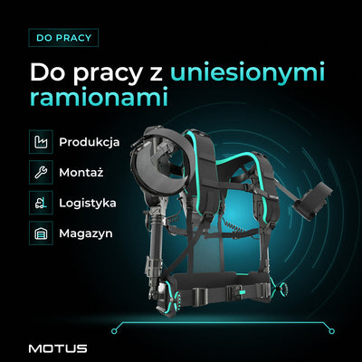 Egzoszkielet Motus Atlas UP - active i ikony zastosowań: produkcja, montaż, logistyka, magazyn. Do pracy z uniesionymi ramionami.
