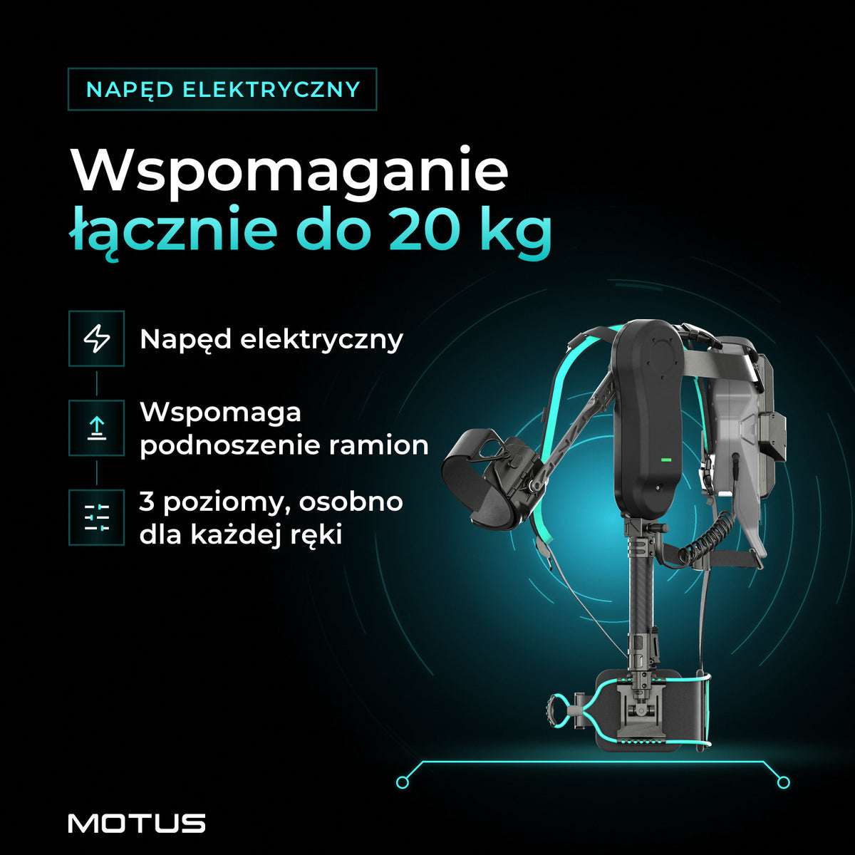 Egzoszkielet Motus Atlas UP - active z boku: napęd elektryczny wspomaga podnoszenie ramion łącznie do 20 kg, 3 poziomy osobno dla każdej ręki.