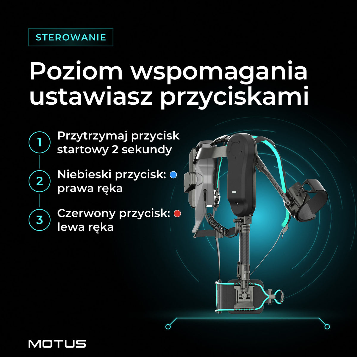 Sterowanie egzoszkieletem Motus Atlas UP - active: przycisk startowy przytrzymany 2 sekundy, niebieski przycisk dla prawej ręki, czerwony dla lewej.