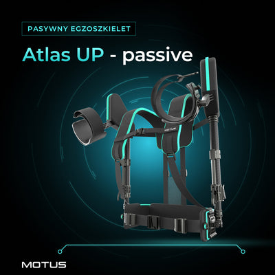 Pasywny egzoszkielet MOTUS Atlas UP - passive w widoku z lewej strony, od przodu, na czarnym tle z turkusową poświatą.