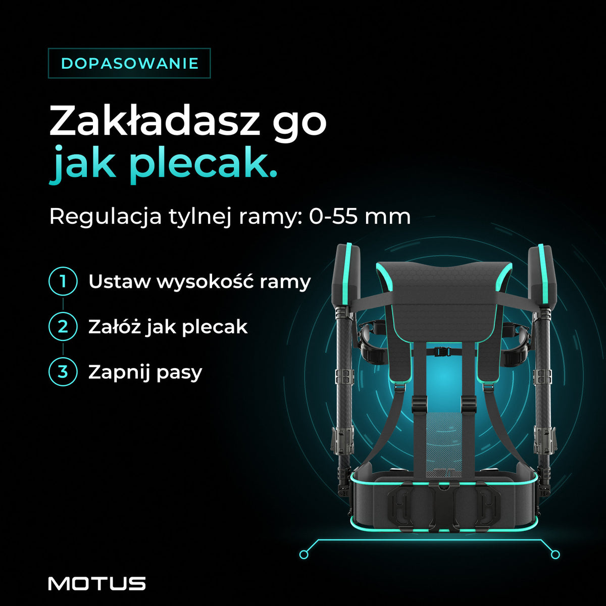 Atlas UP - passive od tyłu. Zakładasz go jak plecak, regulacja wysokości tylnej ramy w zakresie 0-55 mm.