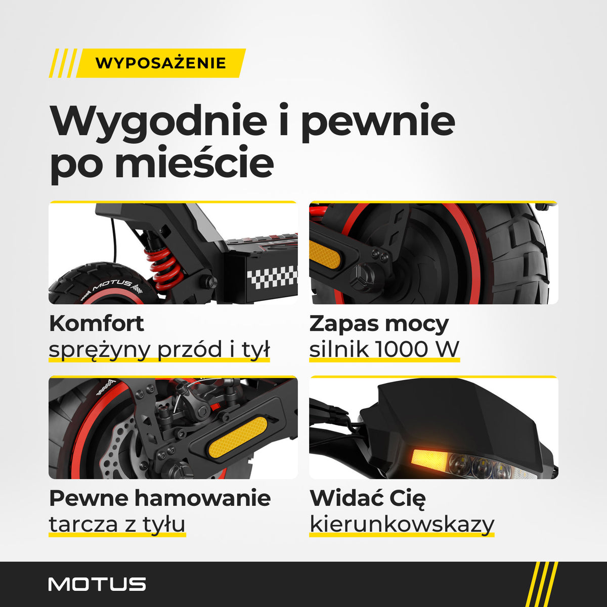 Zbliżenia hulajnogi elektrycznej MOTUS Daytona 10: przednia sprężyna, silnik w tylnym kole, tarcza tylnego hamulca i świecący kierunkowskaz.
