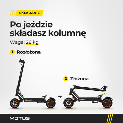 Składanie hulajnogi elektrycznej MOTUS Daytona 10: rozłożona i złożona z kolumną na podeście, waga 26 kg.