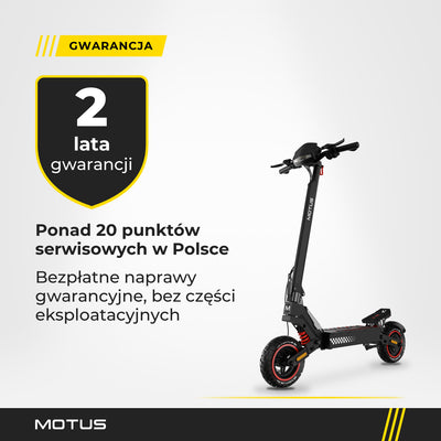 Hulajnoga elektryczna MOTUS Daytona 10, widok 3/4 z przodu, i odznaka 2 lata gwarancji, ponad 20 punktów serwisowych w Polsce.