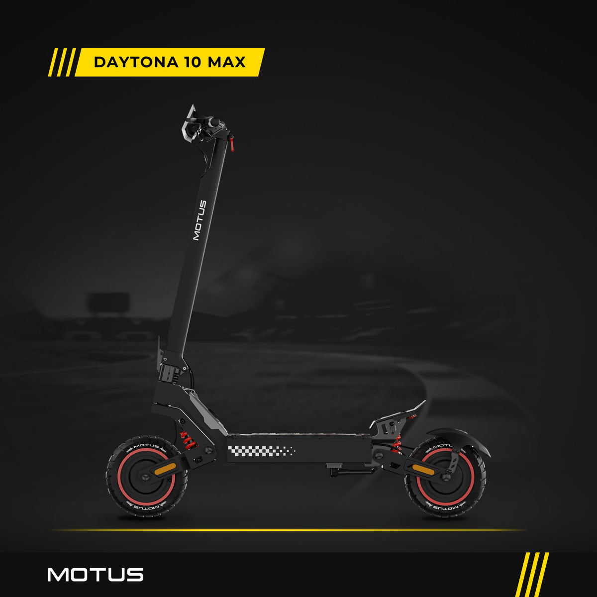 Hulajnoga elektryczna MOTUS Daytona 10 Max na ciemnym tle, widok z boku, czarna rama, czerwone sprężyny, koła 10 cali.