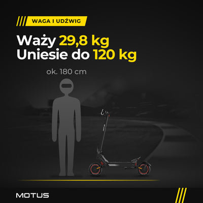 MOTUS Daytona 10 Max z profilu obok sylwetki człowieka ok. 180 cm: waga 29,8 kg, udźwig do 120 kg.