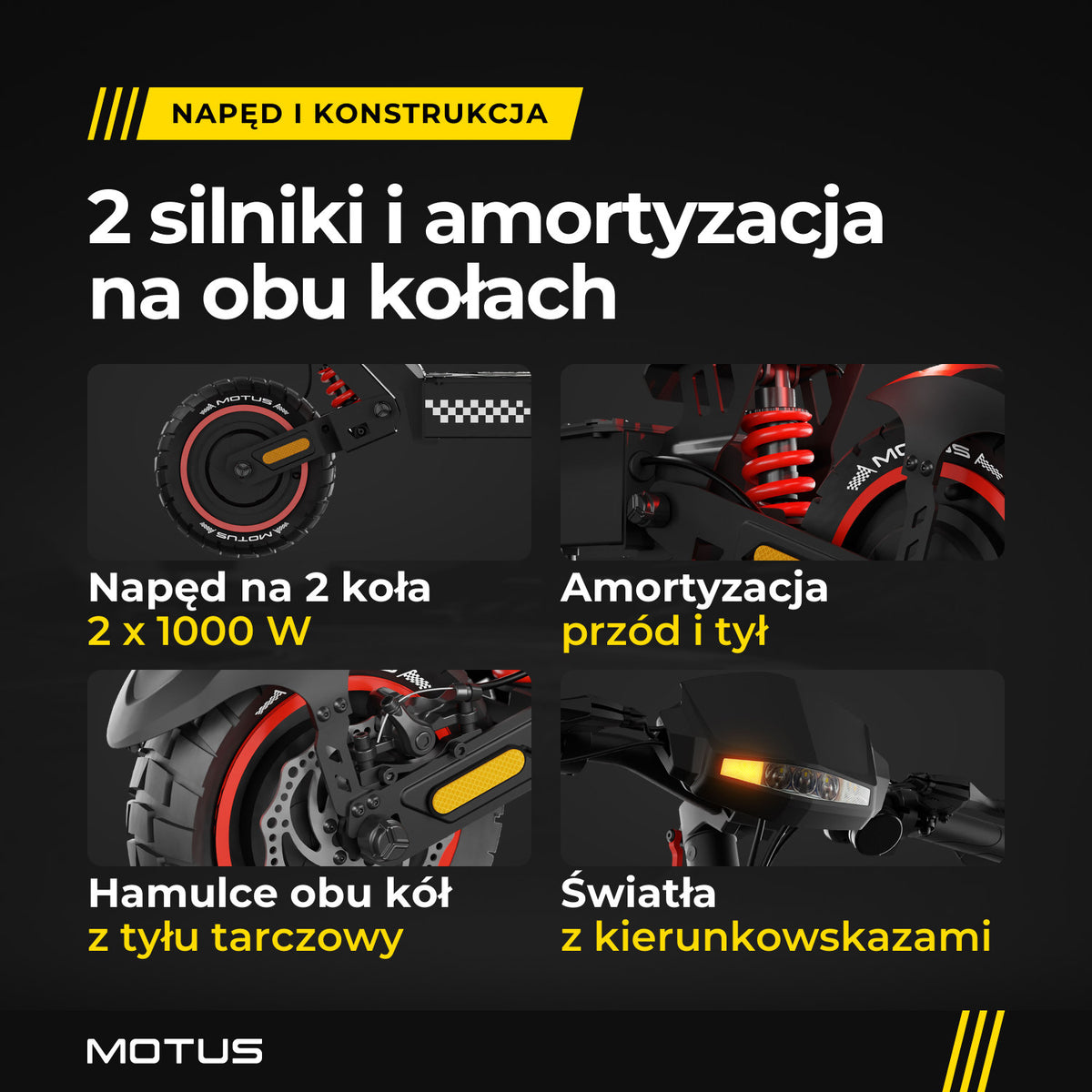 Zbliżenia MOTUS Daytona 10 Max: silnik w przednim kole, tylna sprężyna amortyzatora, tylna tarcza hamulca z zaciskiem, lampa z kierunkowskazem.