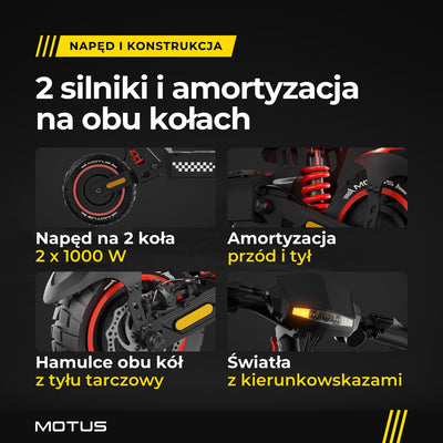 Zbliżenia MOTUS Daytona 10 Max: silnik w przednim kole, tylna sprężyna amortyzatora, tylna tarcza hamulca z zaciskiem, lampa z kierunkowskazem.