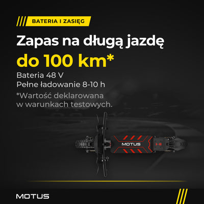 MOTUS Daytona 10 Max widziana z góry: bateria 48 V, zasięg do 100 km (wartość deklarowana w warunkach testowych), ładowanie 8-10 h.